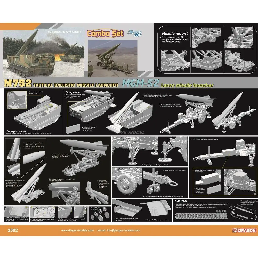 DRAGON 1/35 3592 Combo-Set M752 Tactical Ballistic Missile Launcher + MGM-52 Lance Missile Launcher Assembly plastics model kit
DRAGON 1/35 3592 Combo-Set M752 Tactical Ballistic Missile Launcher + MGM-52 Lance Missile Launcher Assembly plastics model kit