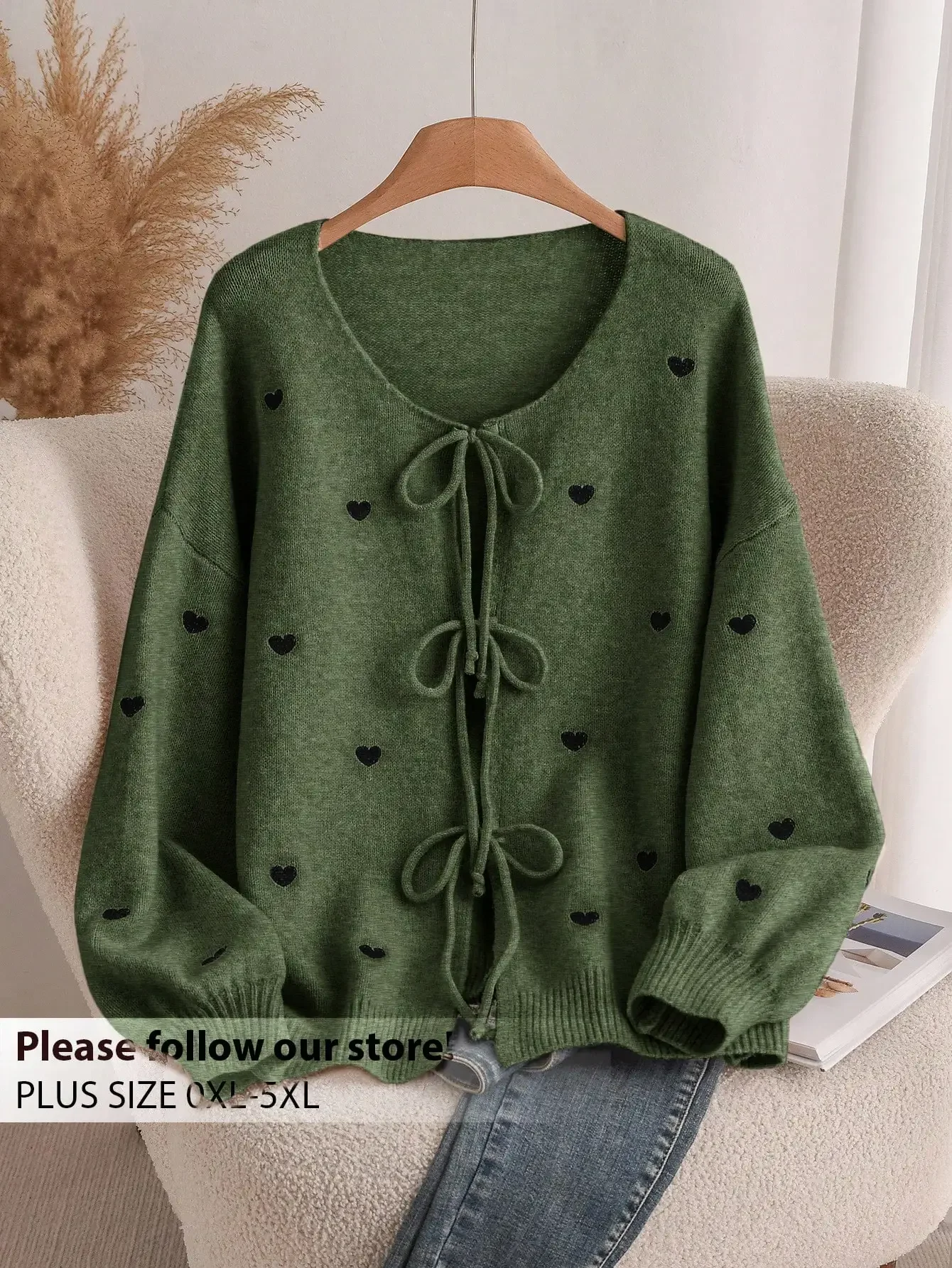 Olive Green Heart Print Knitted Cardigan with Front Tie Detail
Olive Green Heart Print Knitted Cardigan with Front Tie Detail