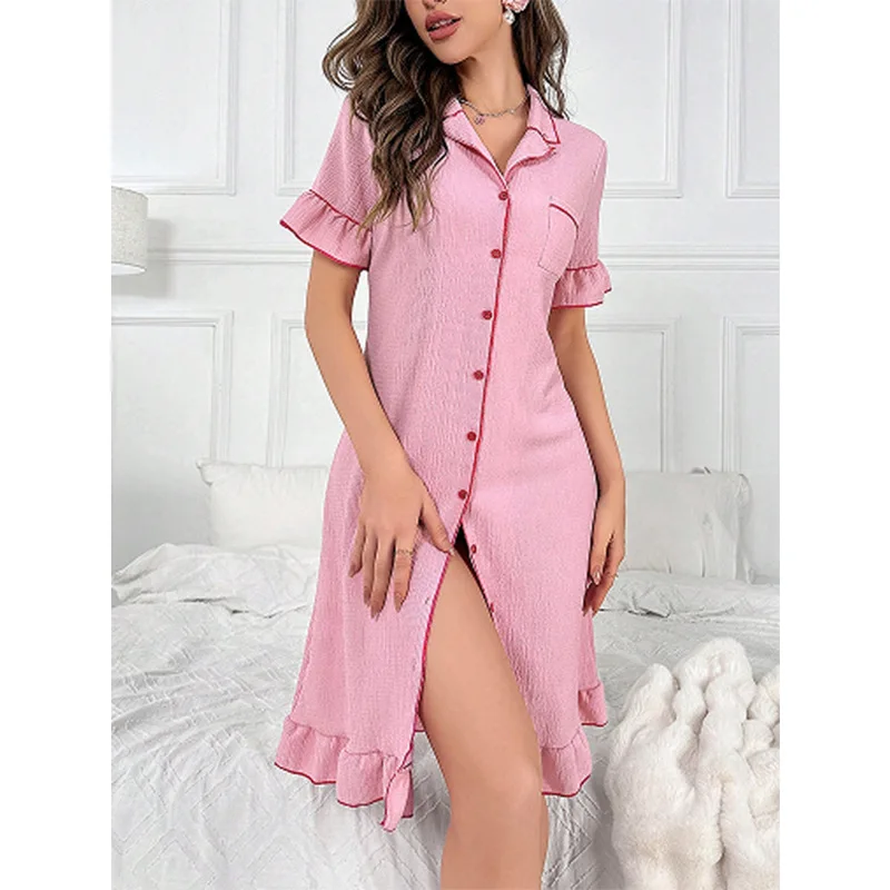 Women's Pajamas Ladies Fall New Short Sleeve Mid Length Loose Comfortable Nightdress Lapel Buckle Sweet Loungewear Set
Women's Pajamas Ladies Fall New Short Sleeve Mid Length Loose Comfortable Nightdress Lapel Buckle Sweet Loungewear Set