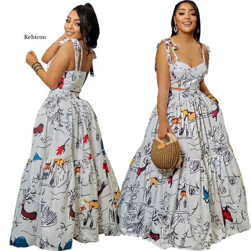Two Piece Set Women's Print Sexy Sleeveless Top Elastic Waist Long Skirts Matching Set Fashion Swing A-Line Skirt Summer New
Two Piece Set Women's Print Sexy Sleeveless Top Elastic Waist Long Skirts Matching Set Fashion Swing A-Line Skirt Summer New