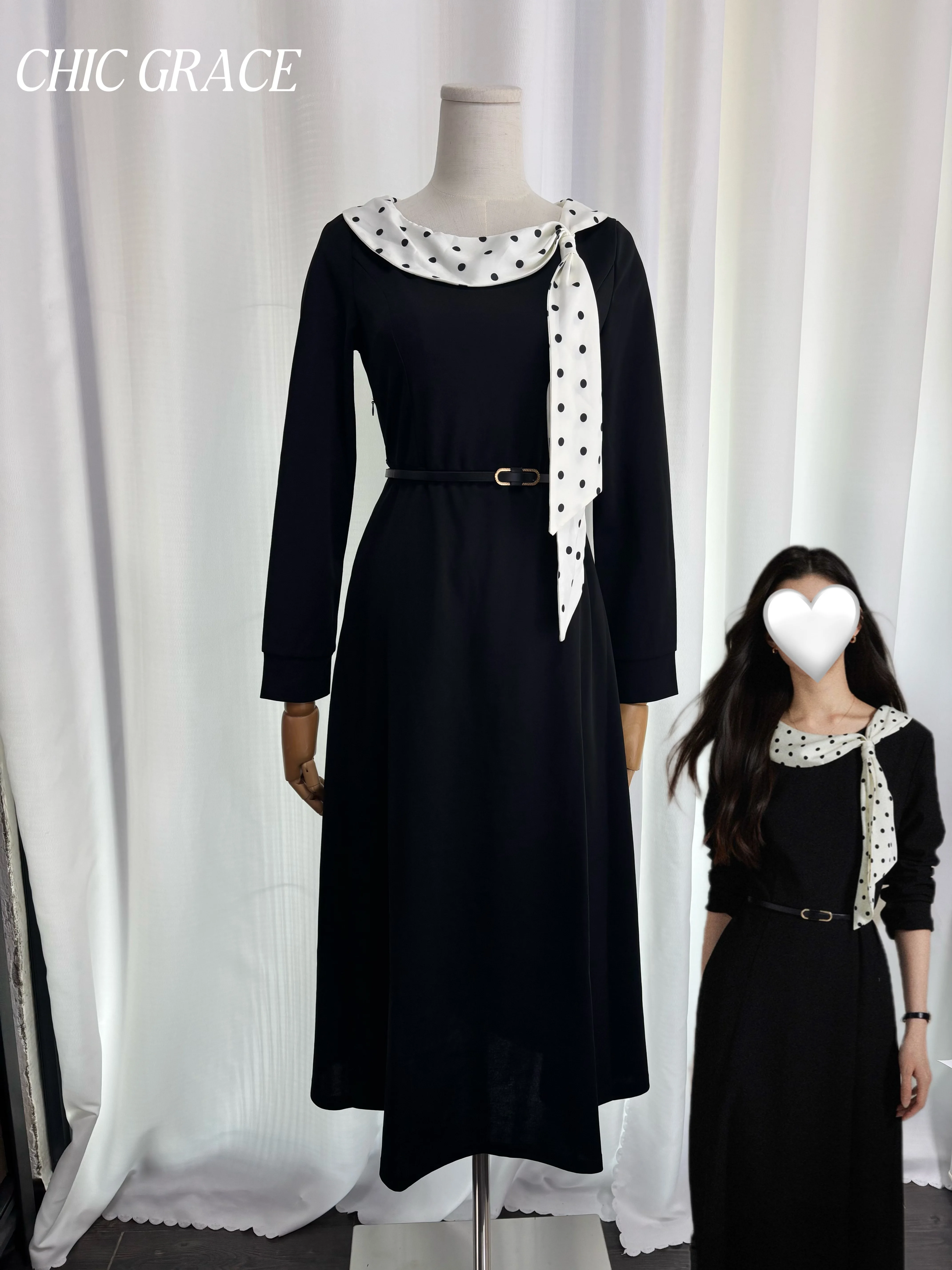 Vintage French Audrey Hepburn Style Little Black Dress, Polka Dot Scarf Splicing Long Sleeve, Slimming Elegant High-End Maxi Dre
Vintage French Audrey Hepburn Style Little Black Dress, Polka Dot Scarf Splicing Long Sleeve, Slimming Elegant High-End Maxi Dre