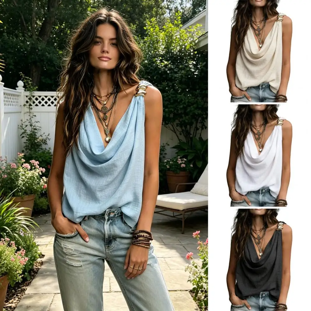 Women V-Neck Sleeveless Vest Loose Fit Camisole Pleated Front Asymmetrical Collar Metallic Detail Ruffled Tank Tops
Women V-Neck Sleeveless Vest Loose Fit Camisole Pleated Front Asymmetrical Collar Metallic Detail Ruffled Tank Tops