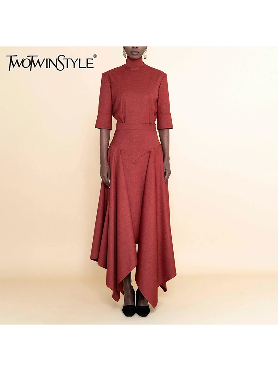 TWOTWINSTYLE Solid Two Piece Sets for Women Stand Collar Short Sleeve Top High Waist Split A Line Skirt Casual Set Female New
TWOTWINSTYLE Solid Two Piece Sets for Women Stand Collar Short Sleeve Top High Waist Split A Line Skirt Casual Set Female New