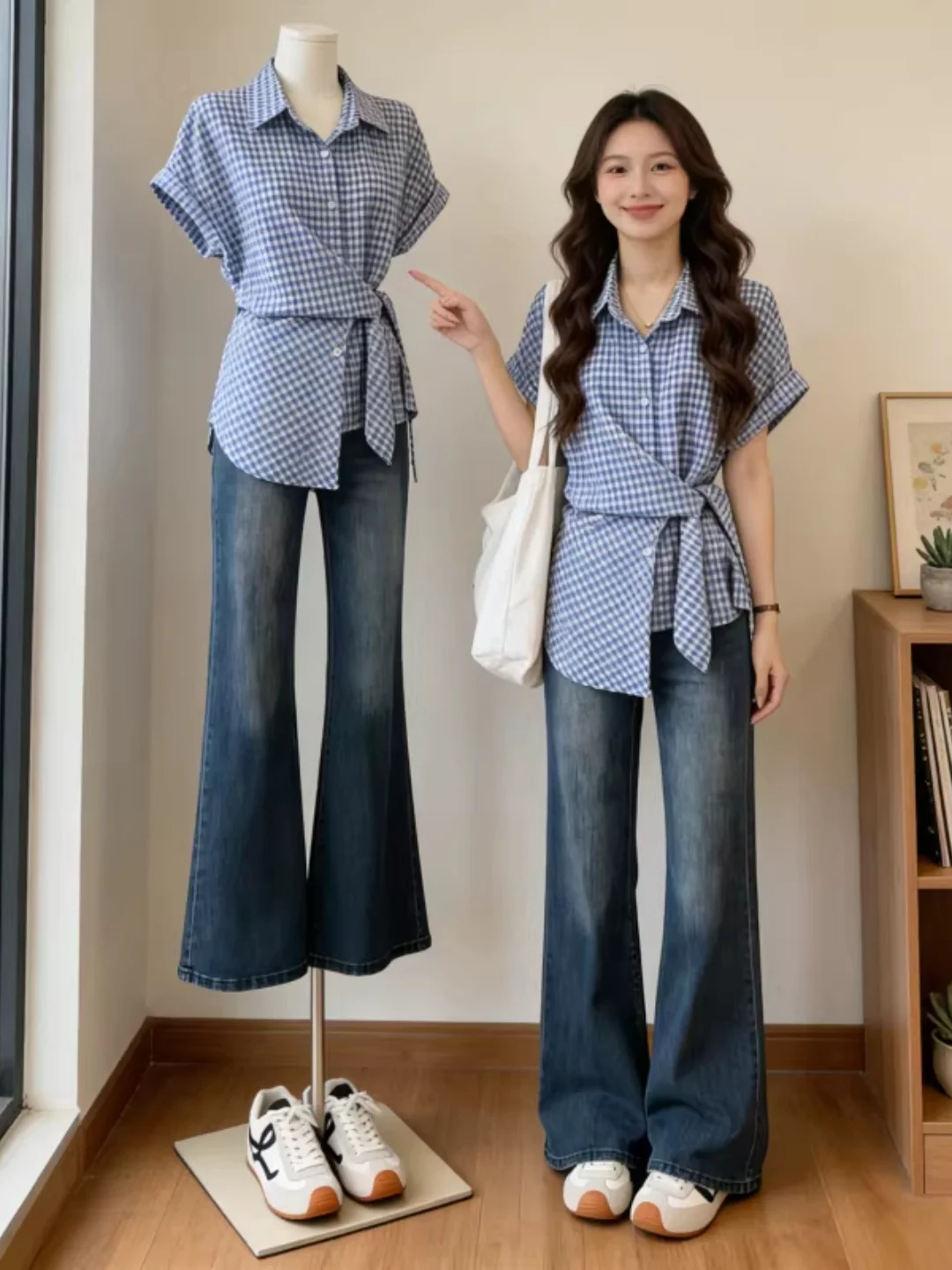 Light Blue Plaid Short Sleeve Shirt Women's Summer New plus Size Loose Fit Asymmetrical Waist Cinching Top Korean Style
Light Blue Plaid Short Sleeve Shirt Women's Summer New plus Size Loose Fit Asymmetrical Waist Cinching Top Korean Style