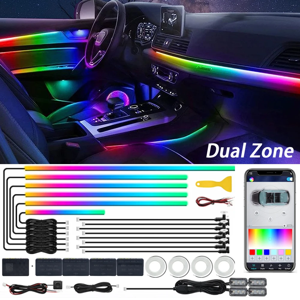 Dual Zone 18 In 1 Full Color Streamer Car Ambient Lights RGB Color Universal LED Interior Acrylic Strip Symphony Atmosphere Lamp
Dual Zone 18 In 1 Full Color Streamer Car Ambient Lights RGB Color Universal LED Interior Acrylic Strip Symphony Atmosphere Lamp