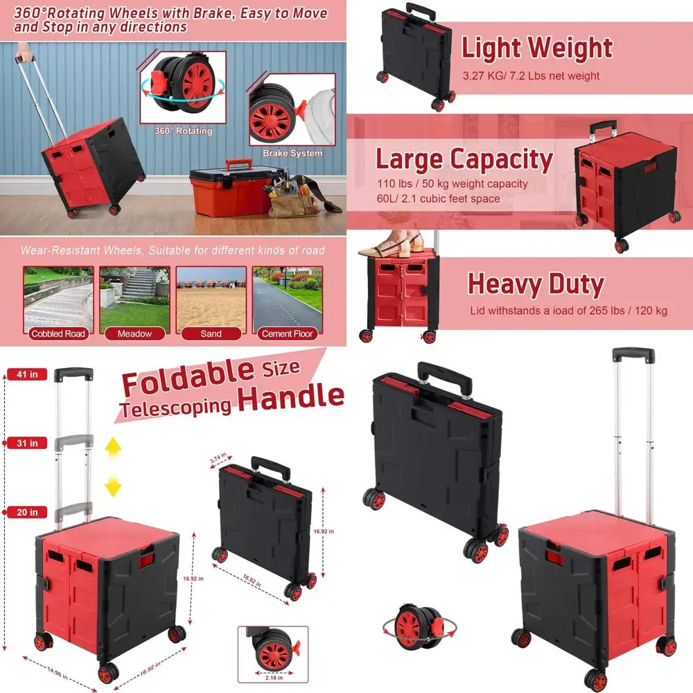 Portable Folding Utility Cart with Telescoping Handle, Collapsible Lid & 4 Swivel Wheels for Various Uses
Portable Folding Utility Cart with Telescoping Handle, Collapsible Lid & 4 Swivel Wheels for Various Uses