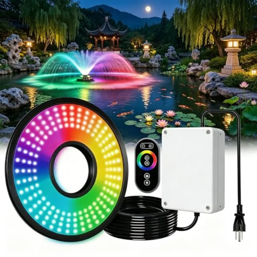 Pond Fountain Aerator Lights RGBW 20000LM LED Fountain Light with 100FT Power Cord AC 120V, IP68 Waterproof, Wireless Sync Cont
Pond Fountain Aerator Lights RGBW 20000LM LED Fountain Light with 100FT Power Cord AC 120V, IP68 Waterproof, Wireless Sync Cont