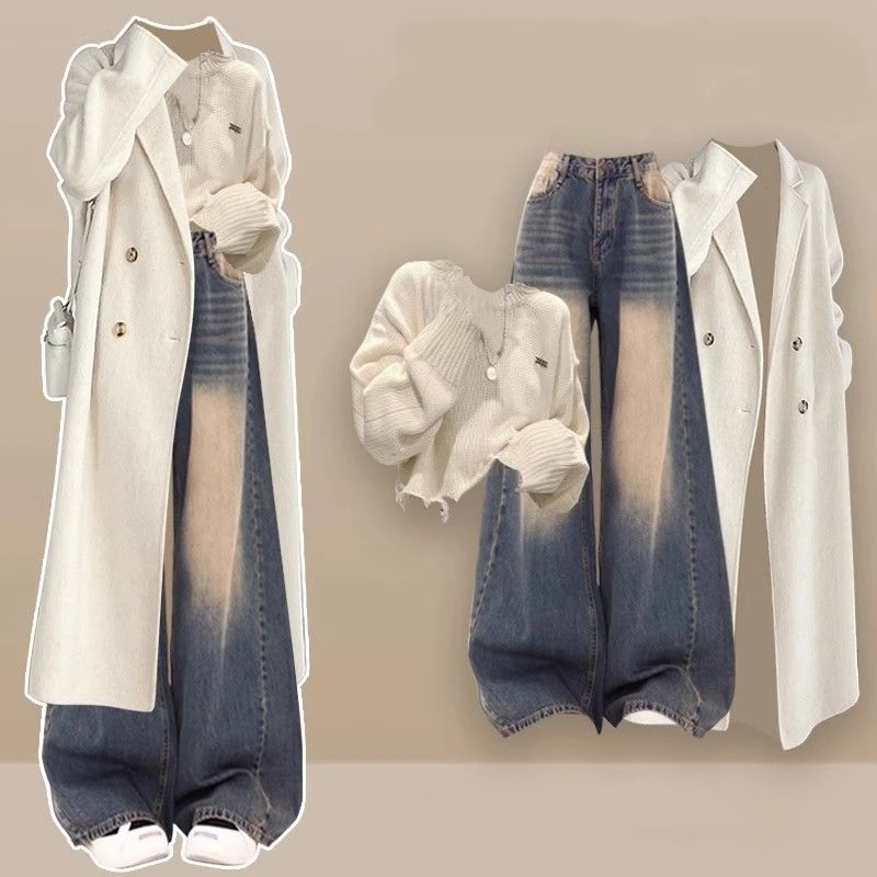 Women's Autumn Winter Korean Double Breasted Solid Long Woolen Coats Short Sweater Denim Pants Three Piece Set 2025 New Outfits
Women's Autumn Winter Korean Double Breasted Solid Long Woolen Coats Short Sweater Denim Pants Three Piece Set 2025 New Outfits
