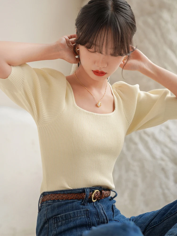 Slim Fit Ice Silk Bubble Sve ort Sve Knitted Top Square Ne Brand Bule European Sle Women's Summer Faion Clothing
Slim Fit Ice Silk Bubble Sve ort Sve Knitted Top Square Ne Brand Bule European Sle Women's Summer Faion Clothing
