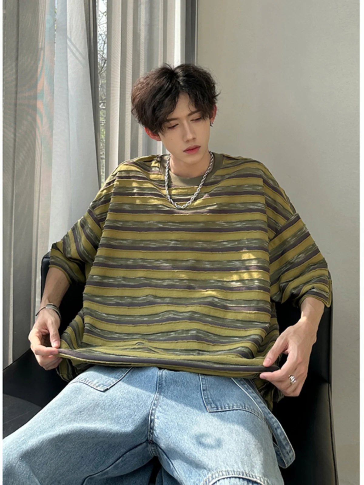 American Retro Striped ort Sve T-irt Men's Summer Trendy Brand Haome Body irt Heavy Small Collar Seven Sve
American Retro Striped ort Sve T-irt Men's Summer Trendy Brand Haome Body irt Heavy Small Collar Seven Sve