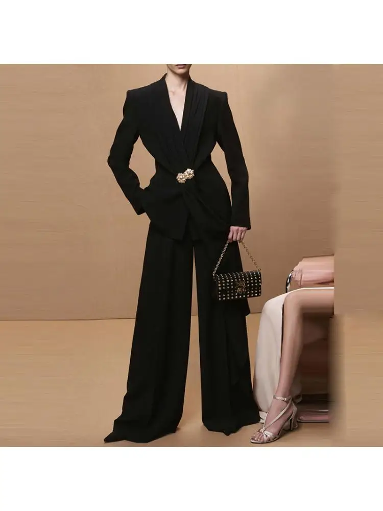 2025 Spring European Fashion Elegant Pleated Collar Beading Black Suit And Trousers Straight Pants For Women 2 Pieces
2025 Spring European Fashion Elegant Pleated Collar Beading Black Suit And Trousers Straight Pants For Women 2 Pieces