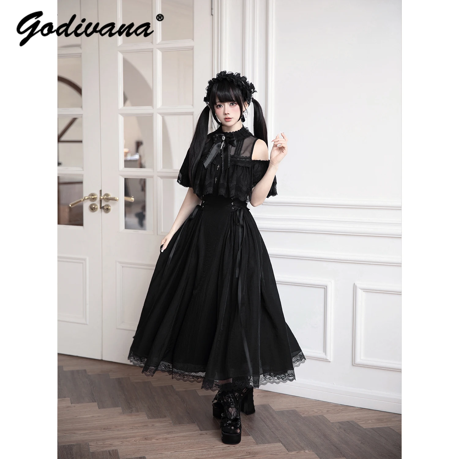 Japanese New Summer Women's Sweet Off Shoulder Flying Sleeves Lace Cape Lace-up Waist Long Dress Sweet Female Chiffon Dresses
Japanese New Summer Women's Sweet Off Shoulder Flying Sleeves Lace Cape Lace-up Waist Long Dress Sweet Female Chiffon Dresses