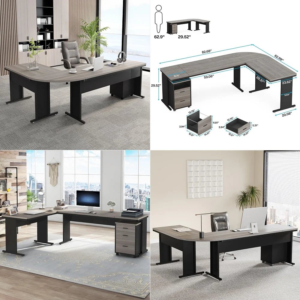 83 LShaped Executive Desk, Large Office Desk with Drawes, Industrial Corner Computer Table with File Cabinet, Business Workstat
83 LShaped Executive Desk, Large Office Desk with Drawes, Industrial Corner Computer Table with File Cabinet, Business Workstat