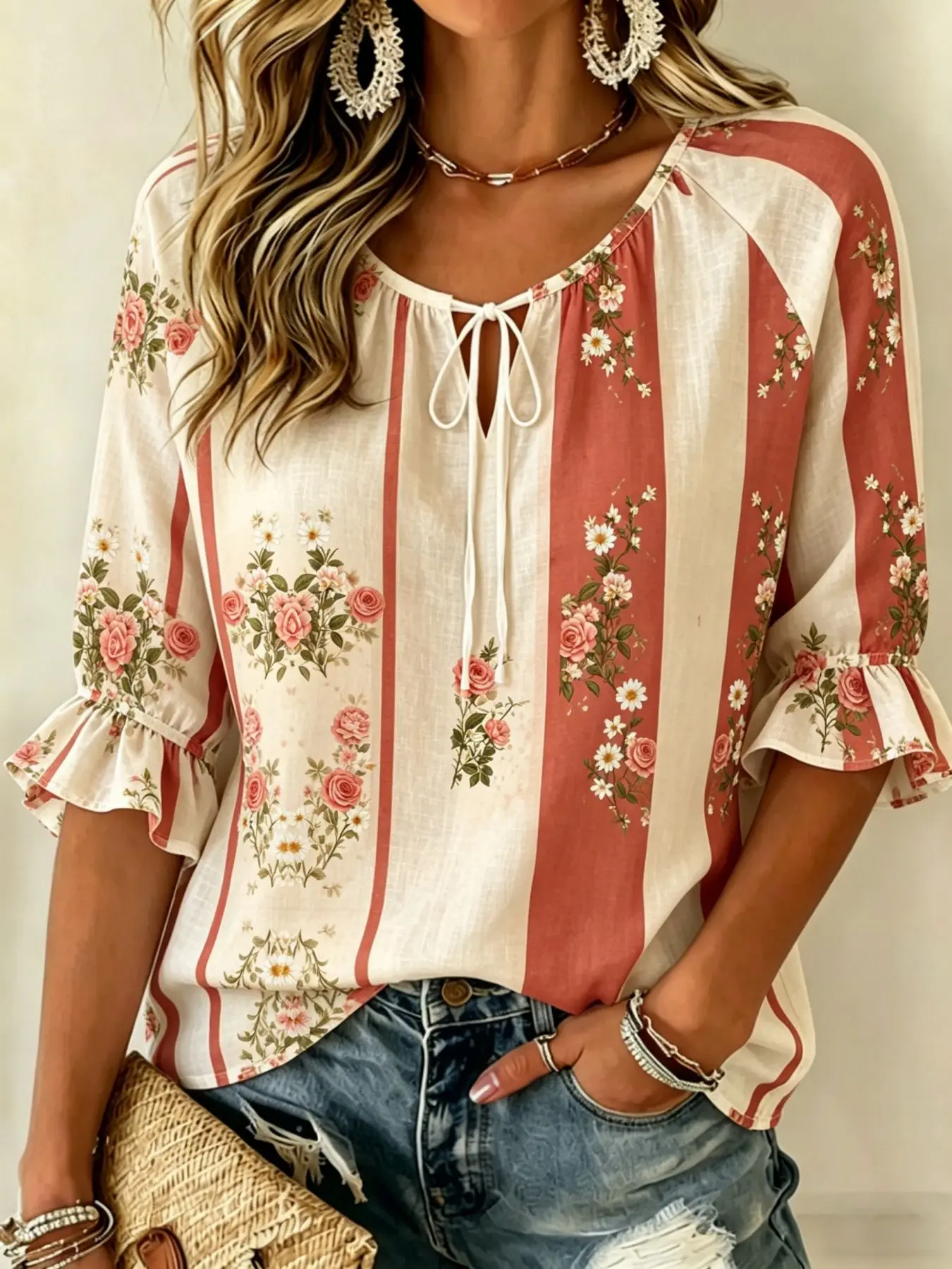 Women's Red White Stripe Floral Print Tie Neck Blouse, Casual Loose Tops for Spring Summer Daily Wear & Vacation Occasions
Women's Red White Stripe Floral Print Tie Neck Blouse, Casual Loose Tops for Spring Summer Daily Wear & Vacation Occasions