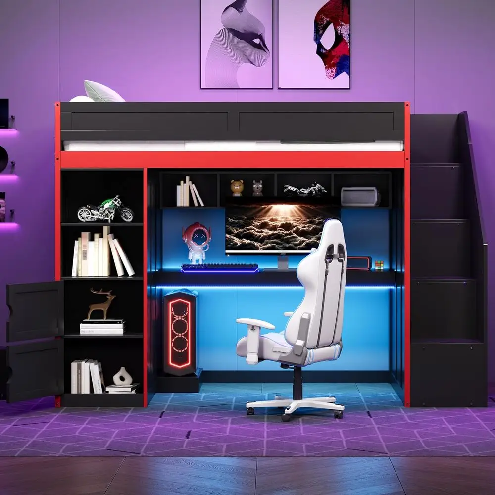 Twin Size Gaming Loft Bed with Desk, Storage, LED Lights, Wardrobe, Shelves for Teens and Adults in Black and Red
Twin Size Gaming Loft Bed with Desk, Storage, LED Lights, Wardrobe, Shelves for Teens and Adults in Black and Red