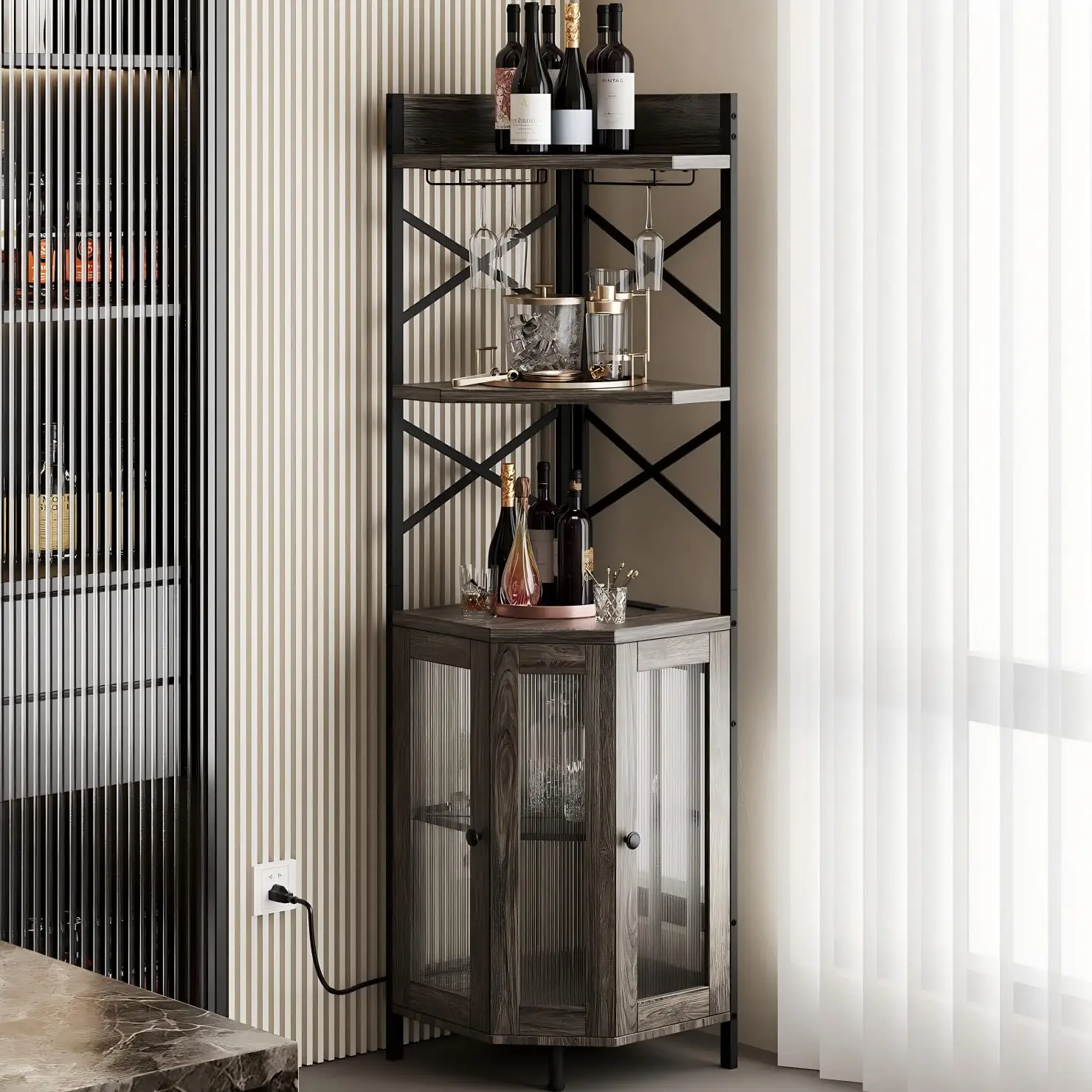 Corner Bar Cabinet With Power Outlet, 5-Tier Corner Wine Cabinet With Led Strip And Glass Holder, Industrial Tall, Customized
Corner Bar Cabinet With Power Outlet, 5-Tier Corner Wine Cabinet With Led Strip And Glass Holder, Industrial Tall, Customized