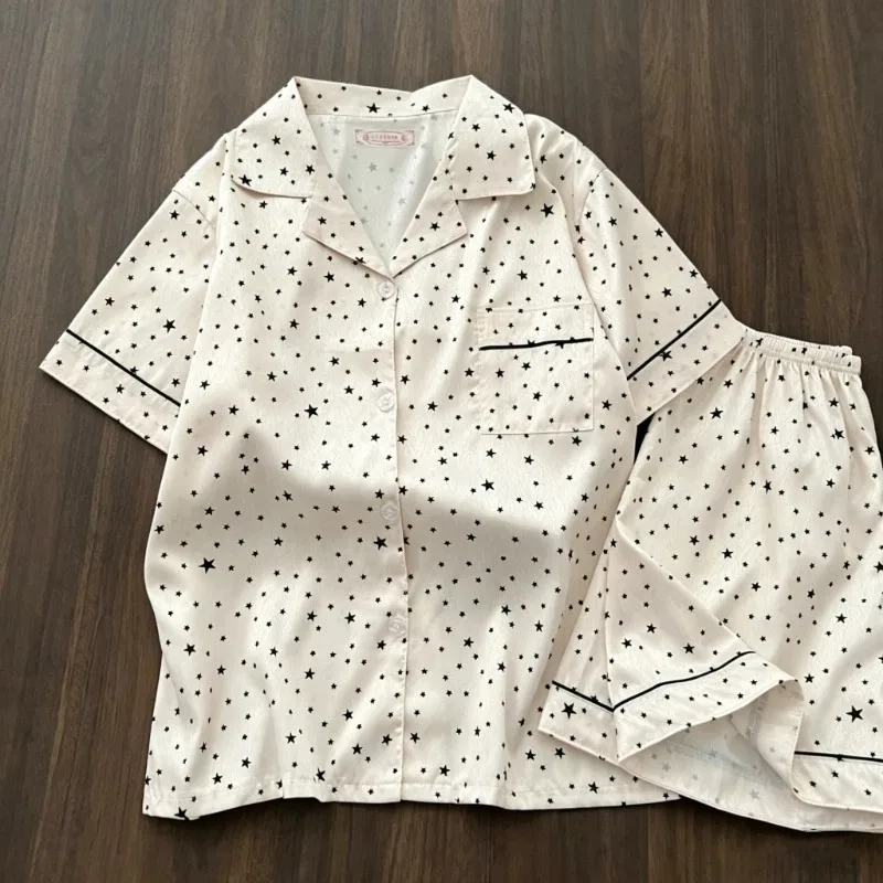 2pc Women's Pajamas Korean Summer Casual Homewear Pajamas Set for Women Sweet Cute Star Print Outside Short Sleeve Sleepwear
2pc Women's Pajamas Korean Summer Casual Homewear Pajamas Set for Women Sweet Cute Star Print Outside Short Sleeve Sleepwear