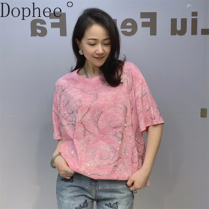 2025 New Summer All-match Loose Women T-shirt Tie-dye Shiny Bears Hot Drilling Oversize Pullover Top Elegant Half Sleeve Tees
2025 New Summer All-match Loose Women T-shirt Tie-dye Shiny Bears Hot Drilling Oversize Pullover Top Elegant Half Sleeve Tees
