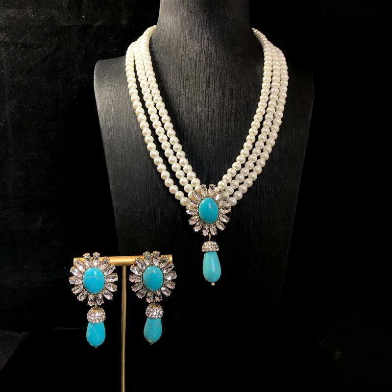 Retro Court Style Jewelry Set, Luxury Rhinestone Pearl Beaded Necklace Turquoise Pendant Earrings Elegant Women Jewelry Set
Retro Court Style Jewelry Set, Luxury Rhinestone Pearl Beaded Necklace Turquoise Pendant Earrings Elegant Women Jewelry Set