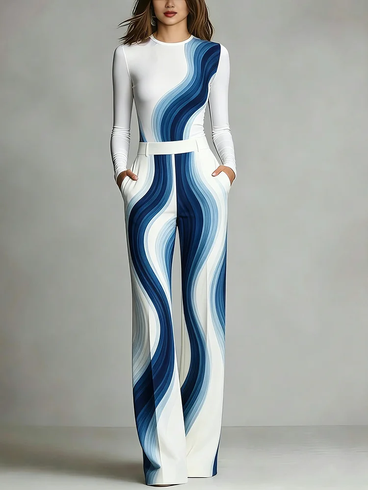Women s Fashion 2 Piece Set Long Sleeve Slim Fit Top And Wide Leg Pants Blue Wave Print With Pocket Casual Chic Outfit Set
Women s Fashion 2 Piece Set Long Sleeve Slim Fit Top And Wide Leg Pants Blue Wave Print With Pocket Casual Chic Outfit Set