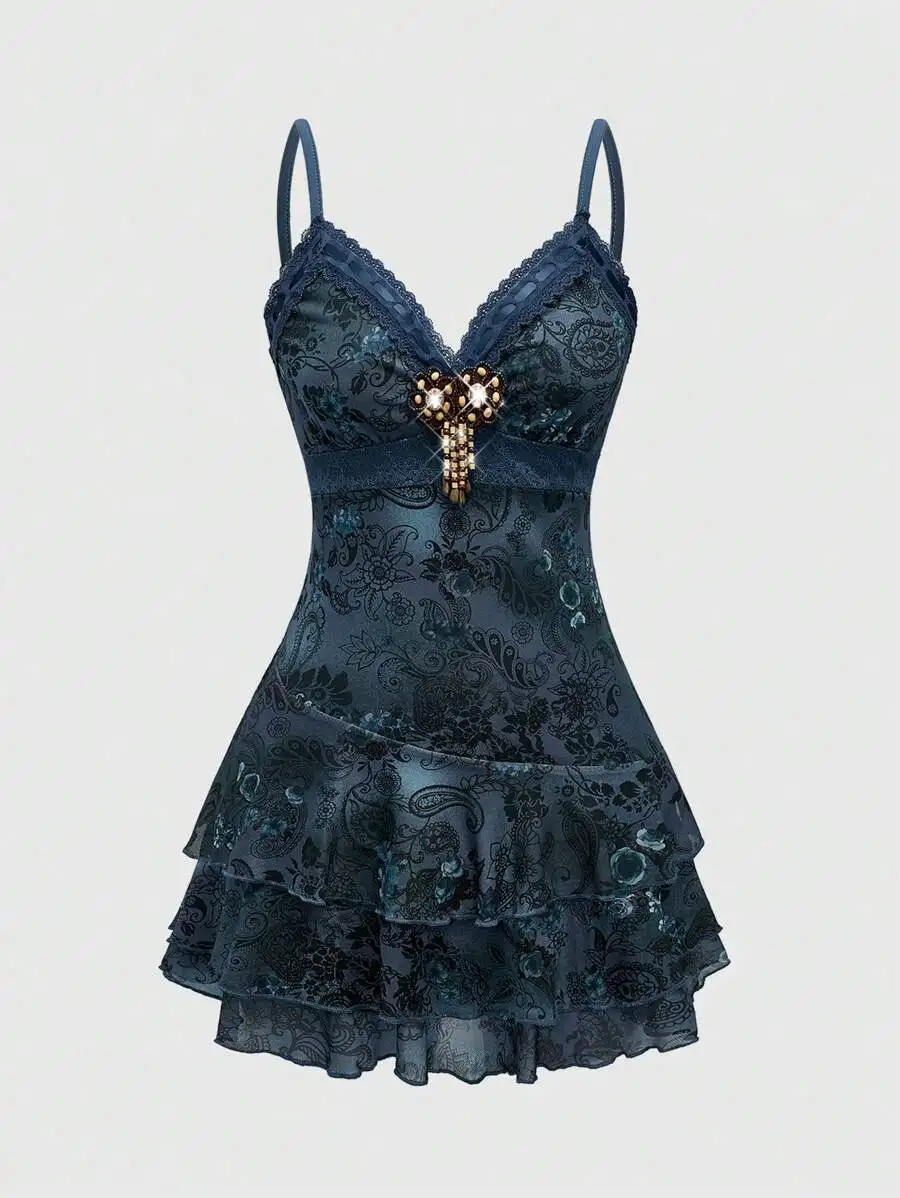 Women's Lace Corset Dress - Y2K Spaghetti Strap Bodycon Mini Dress with Jeweled Detail and Ruffle Hem Dark Blue Floral Paisley Mini Dress With Lace Trim, Ruffled Skirt And Embellished Bodice For Spring Summer
Women's Lace Corset Dress - Y2K Spaghetti Strap Bodycon Mini Dress with Jeweled Detail and Ruffle Hem Dark Blue Floral Paisley Mini Dress With Lace Trim, Ruffled Skirt And Embellished Bodice For Spring Summer