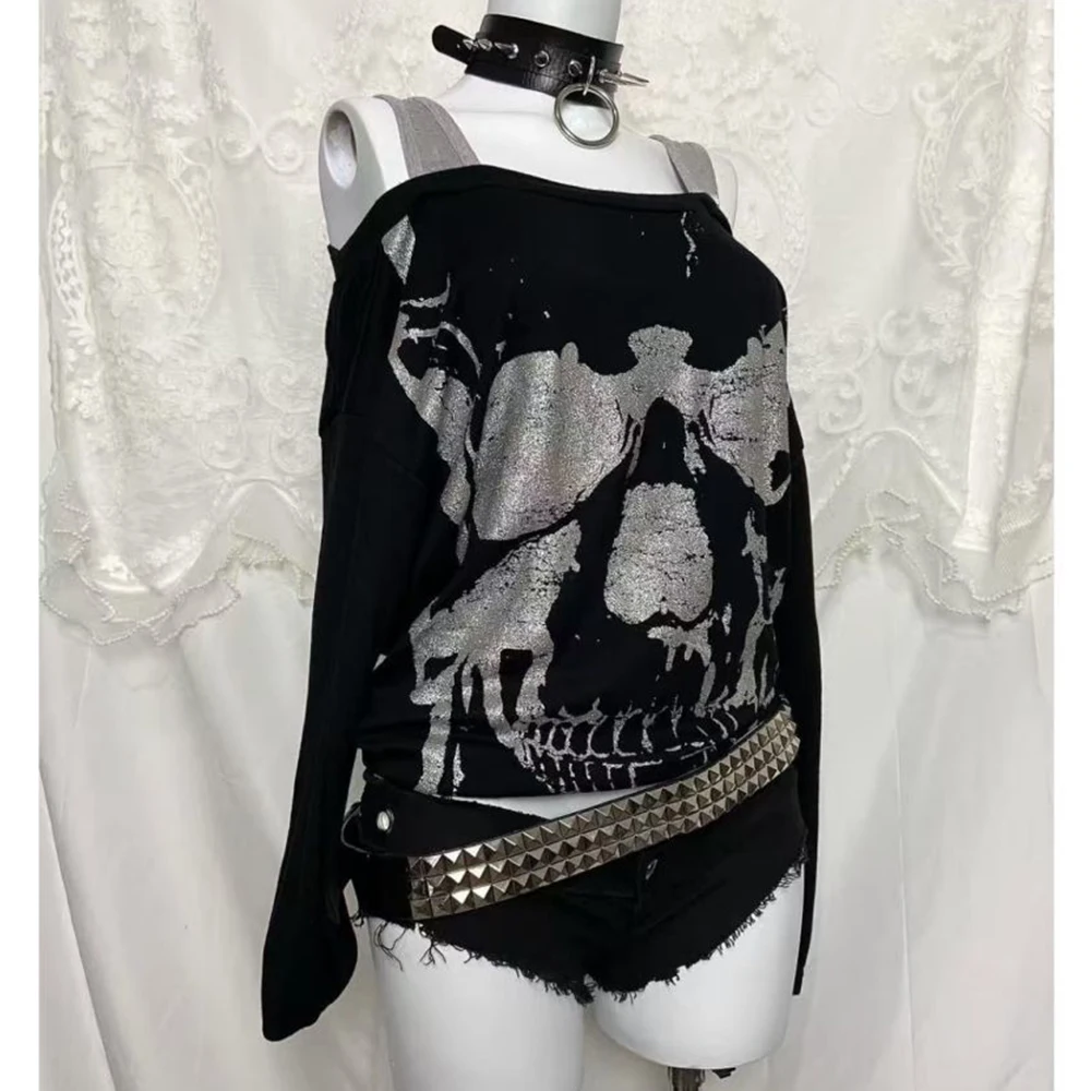 Y2K Fake Two-Piece Retro Top Streetwear Diagonal Collar Skull Print Off Shoulder Gothic Punk T-Shirt Women's Aesthetic Harajuku
Y2K Fake Two-Piece Retro Top Streetwear Diagonal Collar Skull Print Off Shoulder Gothic Punk T-Shirt Women's Aesthetic Harajuku