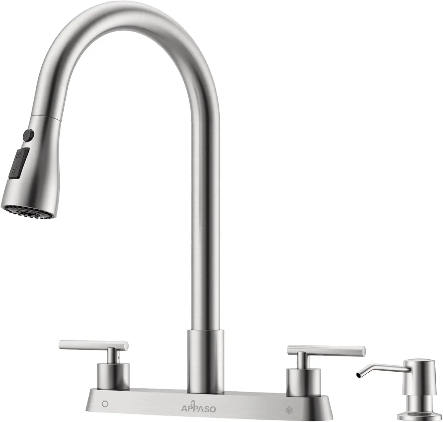 High Arc Pull-Down Kitchen Faucet with Sprayer & Soap Dispenser, Brushed Nickel Finish for 3/4 Hole Sinks
High Arc Pull-Down Kitchen Faucet with Sprayer & Soap Dispenser, Brushed Nickel Finish for 3/4 Hole Sinks