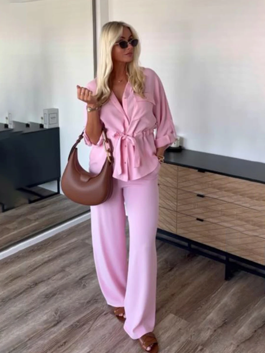 Pink Chiffon Simple 2 Piece Set Women Single Breasted Drawstring Short Sleeve Blouses Summer Fashion Casual Wide Leg Pants Sets
Pink Chiffon Simple 2 Piece Set Women Single Breasted Drawstring Short Sleeve Blouses Summer Fashion Casual Wide Leg Pants Sets