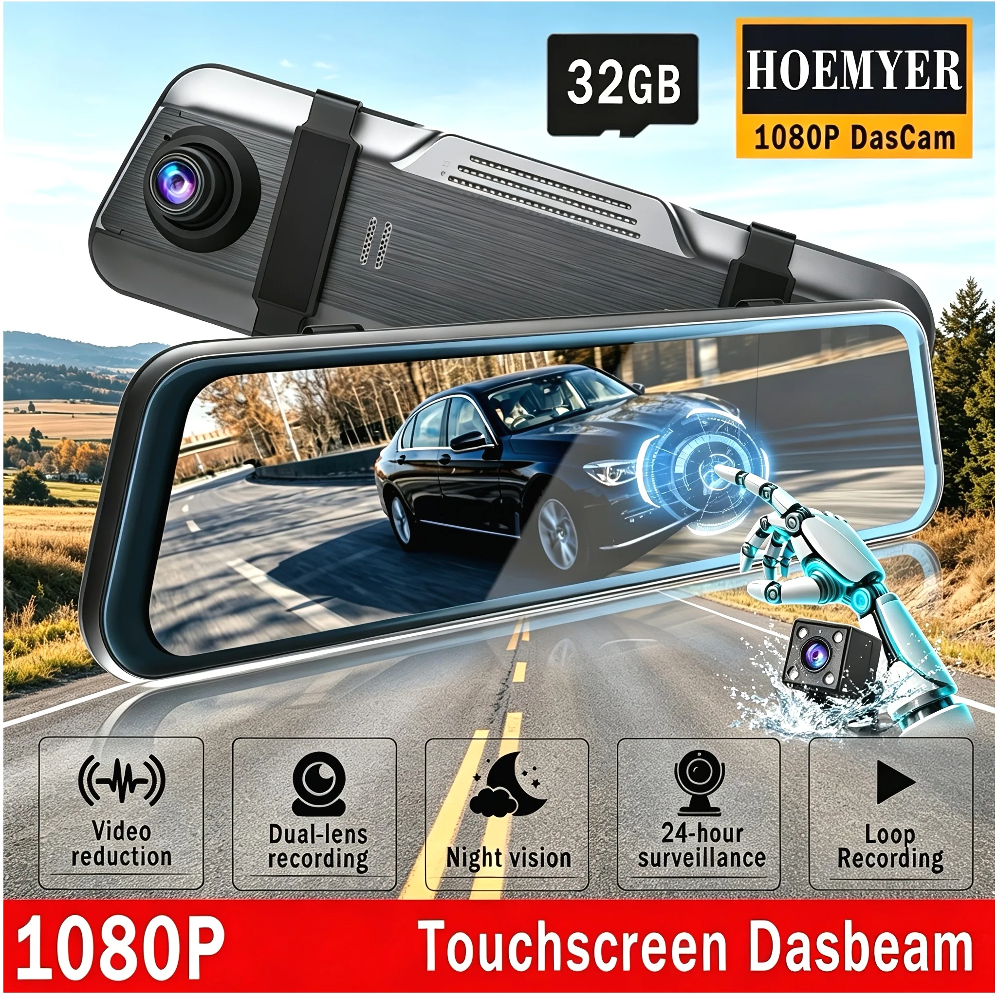 Smart Rearview Mirror Dash Cam with 9.66-inch Full Touch Display • 1080P Front + 720P Rear Camera • 170° Wide-Angle Lens • HD Night Vision • Loop Recording • Built-in G-Sensor • Supports Up to 32GB Micro SD Card (Optional) • Plug-and-Play Installation • C
Smart Rearview Mirror Dash Cam with 9.66-inch Full Touch Display • 1080P Front + 720P Rear Camera • 170° Wide-Angle Lens • HD Night Vision • Loop Recording • Built-in G-Sensor • Supports Up to 32GB Micro SD Card (Optional) • Plug-and-Play Installation • C