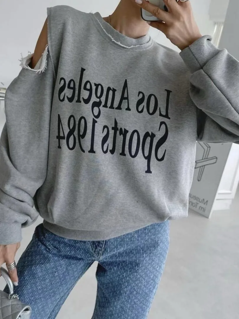 Loose Fit Hoodie Dongda Gate Personality Design round Neck Shoulder Exposure Letter Print Casual Streetwear for Women
Loose Fit Hoodie Dongda Gate Personality Design round Neck Shoulder Exposure Letter Print Casual Streetwear for Women