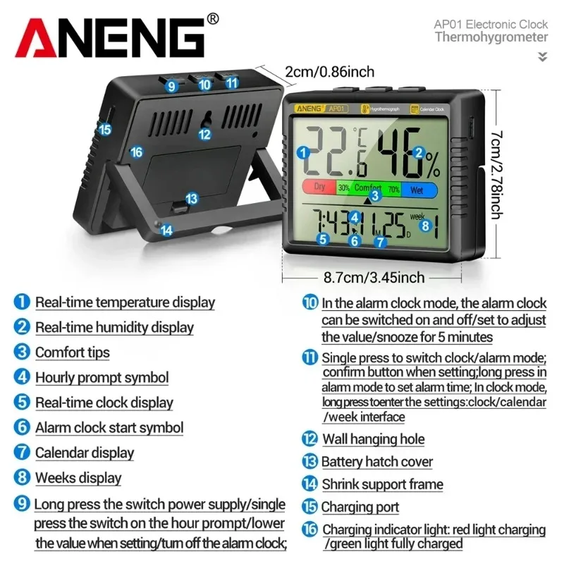 ANENG AP01 Thermometer Hygrometer Backlight Air Electronic Temperature Humidity Monitor Meter Alarm Clock Rechargeable Test Tool
ANENG AP01 Thermometer Hygrometer Backlight Air Electronic Temperature Humidity Monitor Meter Alarm Clock Rechargeable Test Tool