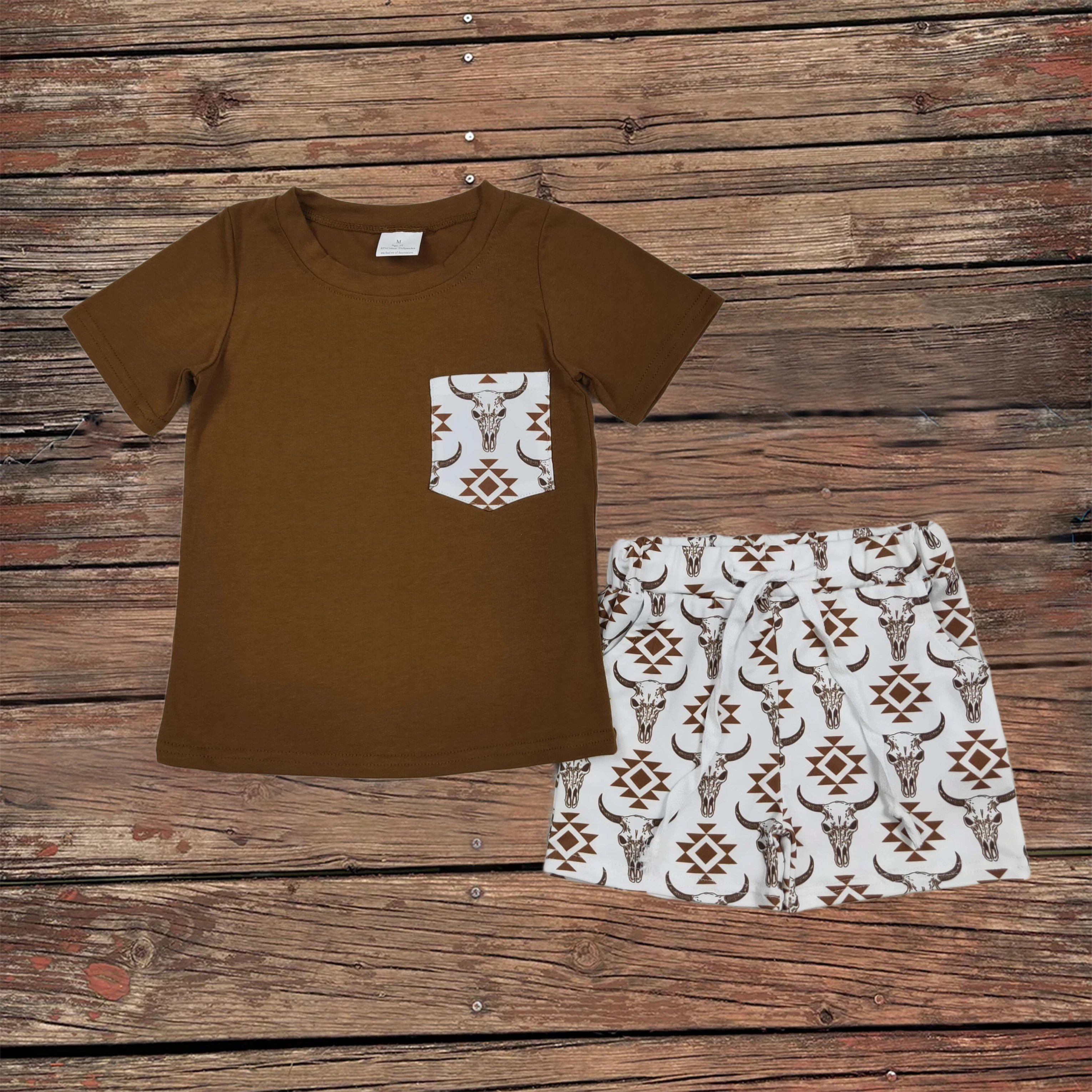 Wholesale Summer Baby Boy Clothing Brown Pocket Short Sleeves T-shirt Tee Aztec Cow Shorts Set Kids Children Boutique Outfit
Wholesale Summer Baby Boy Clothing Brown Pocket Short Sleeves T-shirt Tee Aztec Cow Shorts Set Kids Children Boutique Outfit