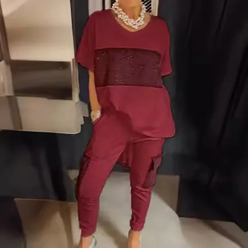 New Simple Fashion Two Piece Set Women's Solid Color O Neck Spliced Sequin Short Sleeve and Pocket Slim Straight Pant Suits
New Simple Fashion Two Piece Set Women's Solid Color O Neck Spliced Sequin Short Sleeve and Pocket Slim Straight Pant Suits