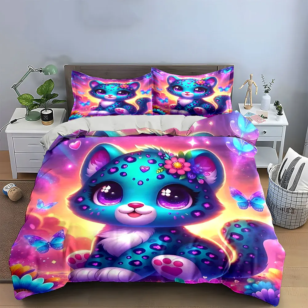 Cute Neon Leopard Bedding Set,Fantasy Teal Cub with Purple Eyes and Butterflies Print Duvet Cover+ 2 Pillowcases,Magical Decor
Cute Neon Leopard Bedding Set,Fantasy Teal Cub with Purple Eyes and Butterflies Print Duvet Cover+ 2 Pillowcases,Magical Decor
