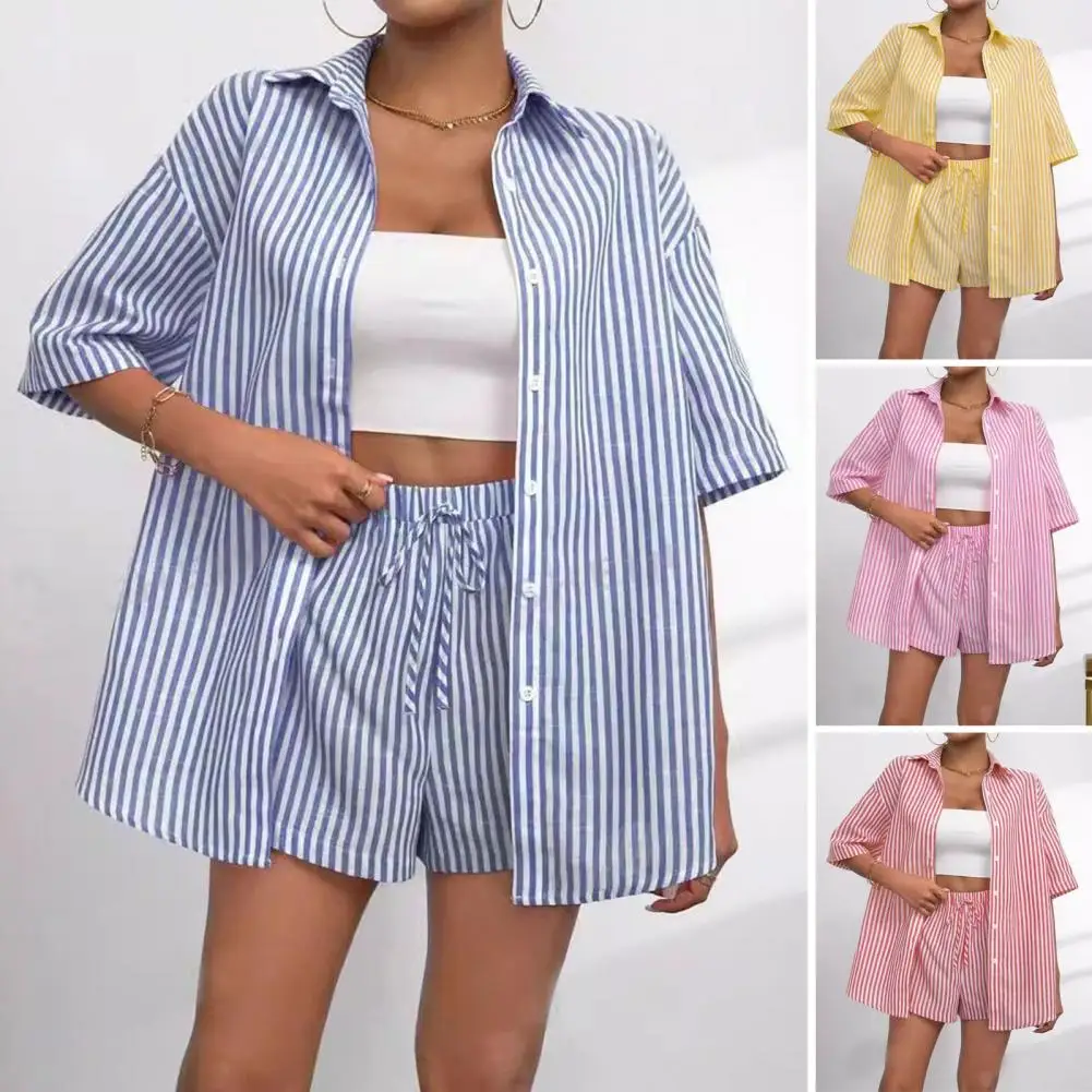 Versatile Two Piece Outfit Women's Summer Two Piece Set with Striped Button Down Shirt Drawstring Shorts for Holiday Lounge
Versatile Two Piece Outfit Women's Summer Two Piece Set with Striped Button Down Shirt Drawstring Shorts for Holiday Lounge