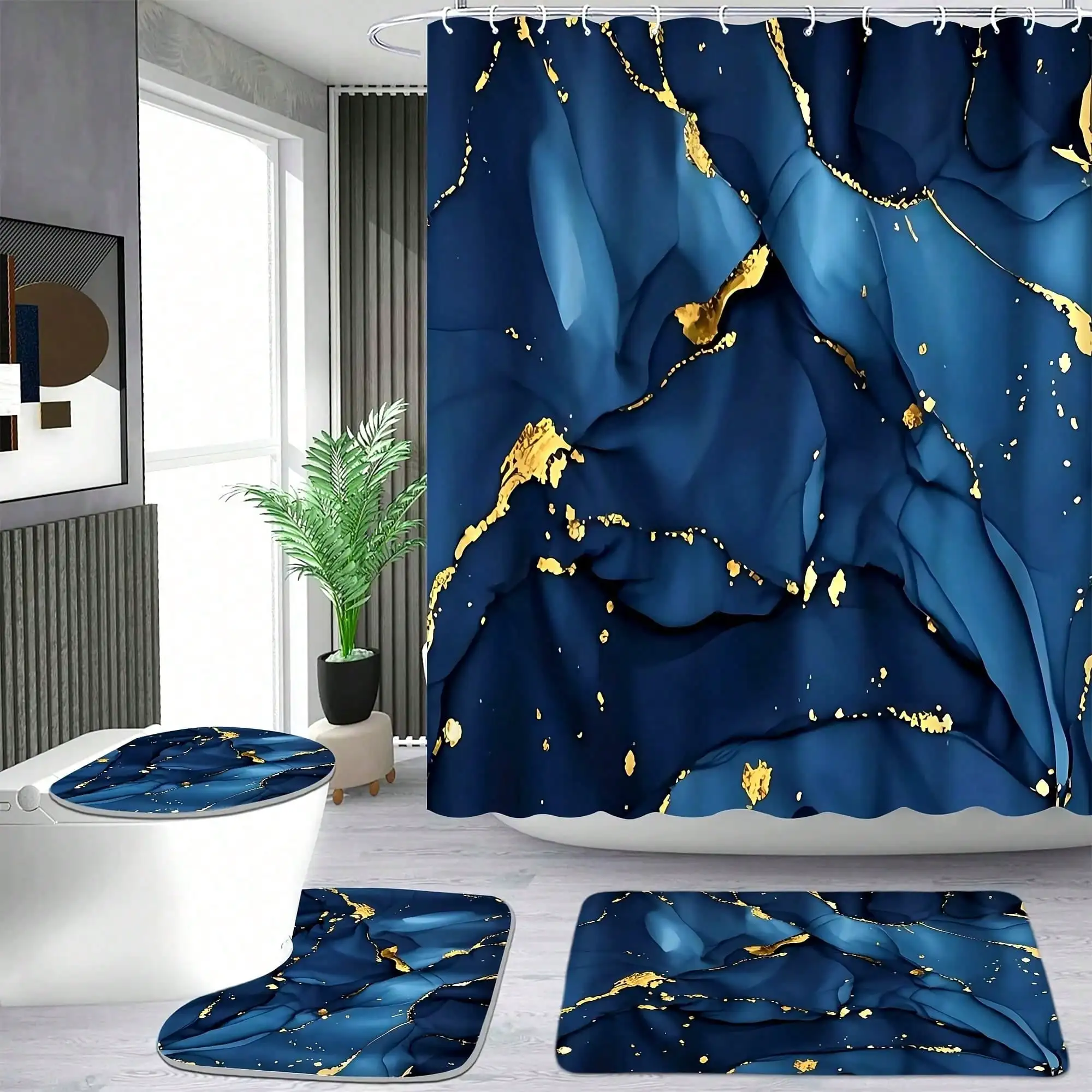 Navy Blue 1/4pcs Golden-Marbled Marble Texture Shower Curtain Set with 12 Hooks - Includes Non-Slip Bathroom Mat, Toilet U-Shaped Pad, Toilet Seat Cover, Decor & Bathtub Divider
Navy Blue 1/4pcs Golden-Marbled Marble Texture Shower Curtain Set with 12 Hooks - Includes Non-Slip Bathroom Mat, Toilet U-Shaped Pad, Toilet Seat Cover, Decor & Bathtub Divider
