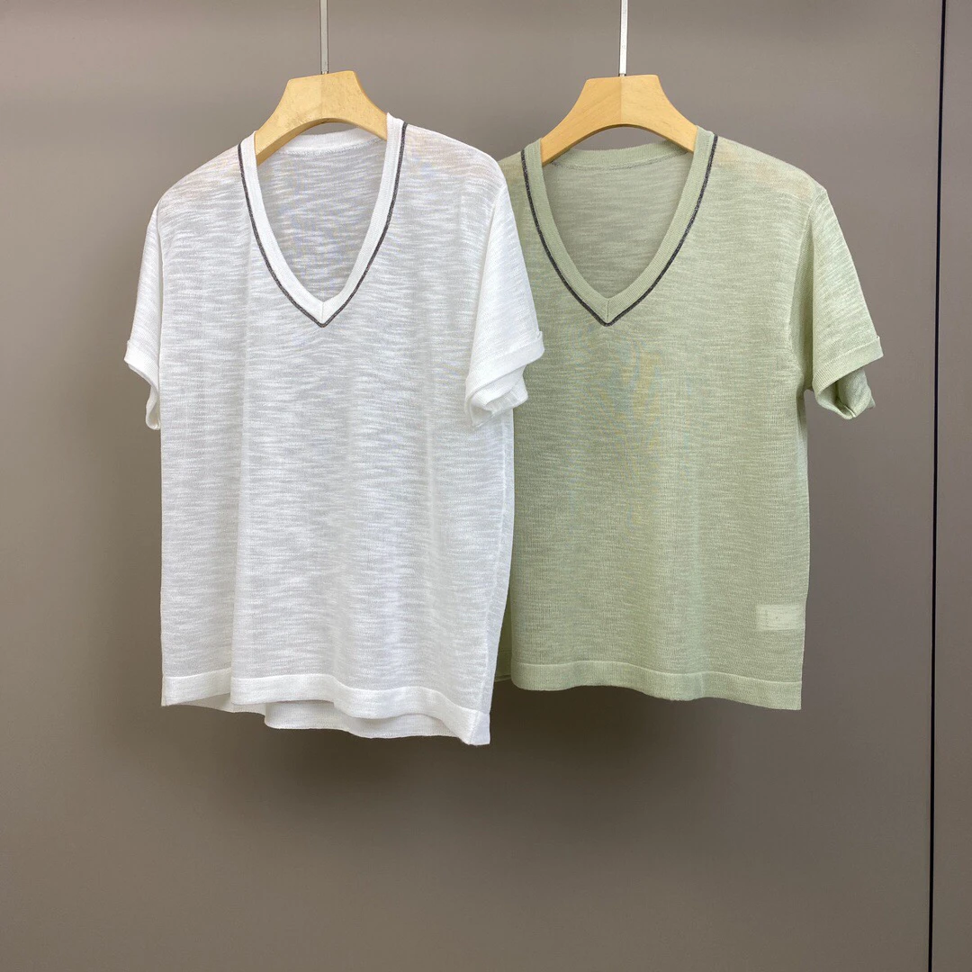 Bc* 24 Summer New V-neck Beaded Chain Linen Thin Pullover Short-sleeved Solid Color All-match Tops T-shirts For Women
Bc* 24 Summer New V-neck Beaded Chain Linen Thin Pullover Short-sleeved Solid Color All-match Tops T-shirts For Women