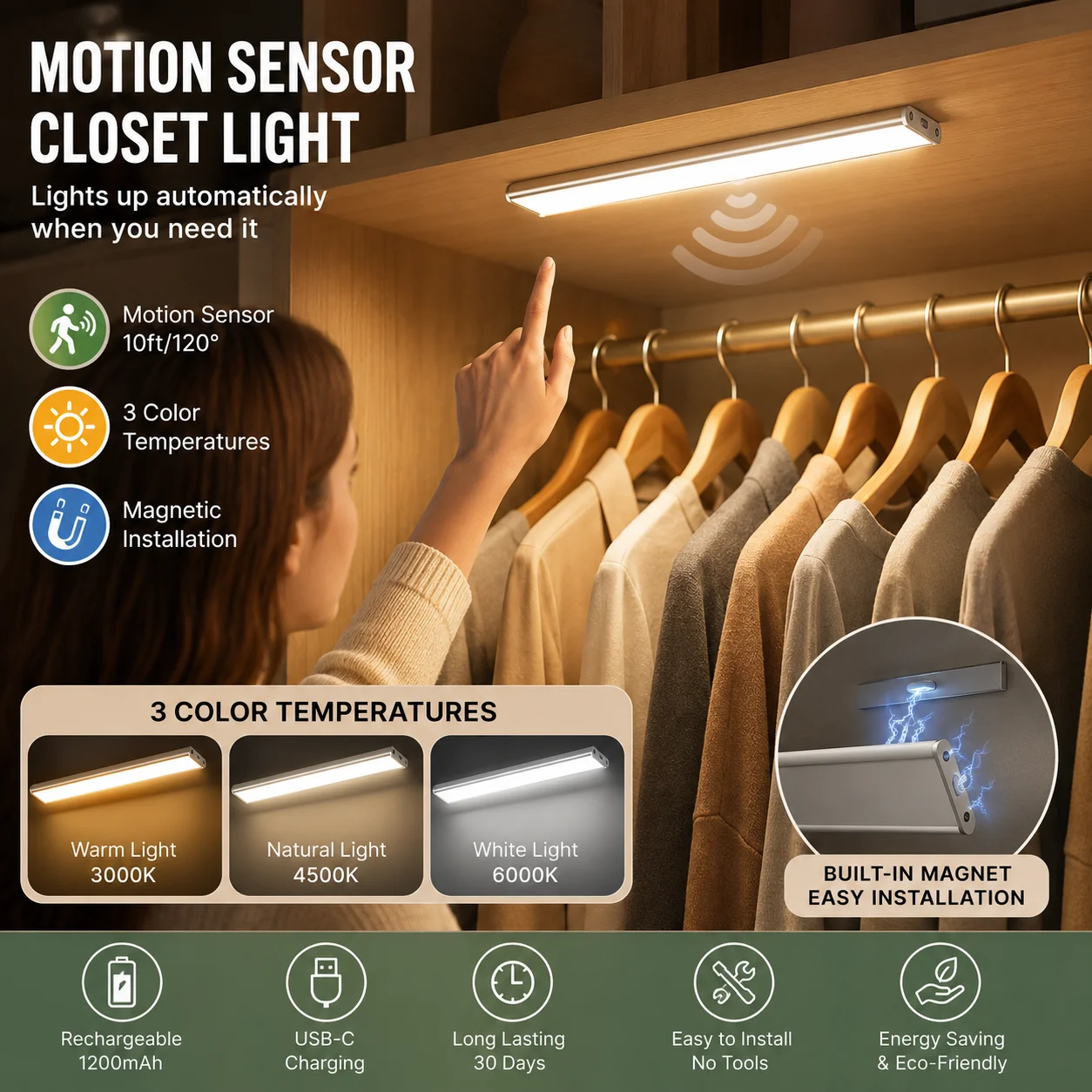 Motion Sensor LED Cabinet Light USB Rechargeable Under Cabinet Lighting, Wireless Closet Light with Magnetic Mount, Auto On Off Night Light for Kitchen Counter Wardrobe Bedroom Stair
Motion Sensor LED Cabinet Light USB Rechargeable Under Cabinet Lighting, Wireless Closet Light with Magnetic Mount, Auto On Off Night Light for Kitchen Counter Wardrobe Bedroom Stair