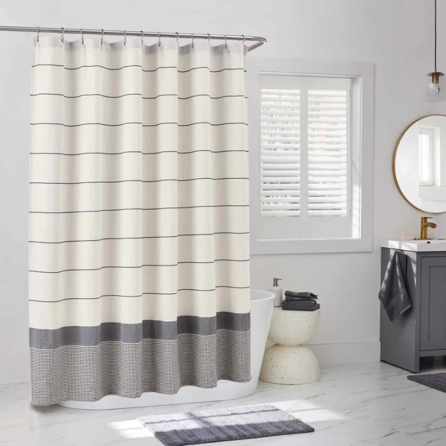Maison Stripe Shower Curtain Vanilla Dream and Rich Black 72" x 72" Eco-Friendly Cotton and Polyester Blend
Maison Stripe Shower Curtain Vanilla Dream and Rich Black 72" x 72" Eco-Friendly Cotton and Polyester Blend