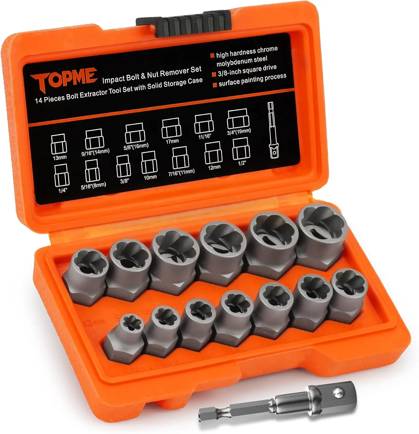 14pc Impact-Grade CR-MO Steel Bolt Extractor Kit, 3/8" Drive Socket Set for Removing Frozen/Rusted/Rounded Bolts (8-19mm)
14pc Impact-Grade CR-MO Steel Bolt Extractor Kit, 3/8" Drive Socket Set for Removing Frozen/Rusted/Rounded Bolts (8-19mm)