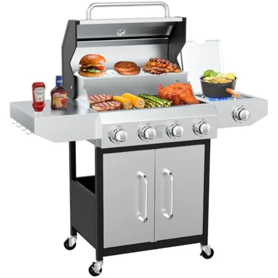 60000 BTU 4+1 Burner Propane Gas Grill - 647 sq. inches Stainless Steel Outdoor BBQ with Porcelain-Enameled Cast Iron Grates Si
60000 BTU 4+1 Burner Propane Gas Grill - 647 sq. inches Stainless Steel Outdoor BBQ with Porcelain-Enameled Cast Iron Grates Si
