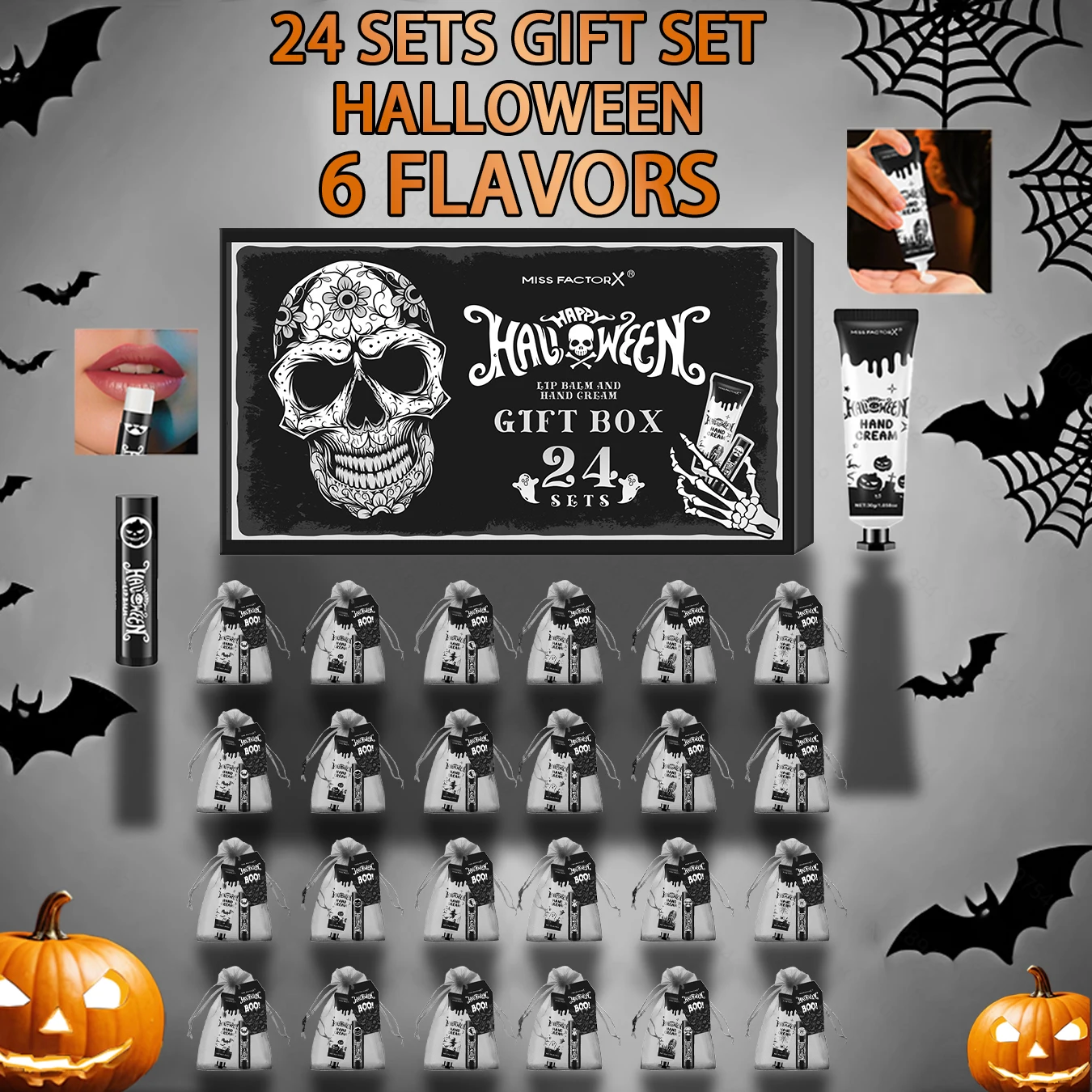 Halloween assembly gift 96PCS/box hand cream lipstick in bulk with BOO card and black gift bag
Halloween assembly gift 96PCS/box hand cream lipstick in bulk with BOO card and black gift bag