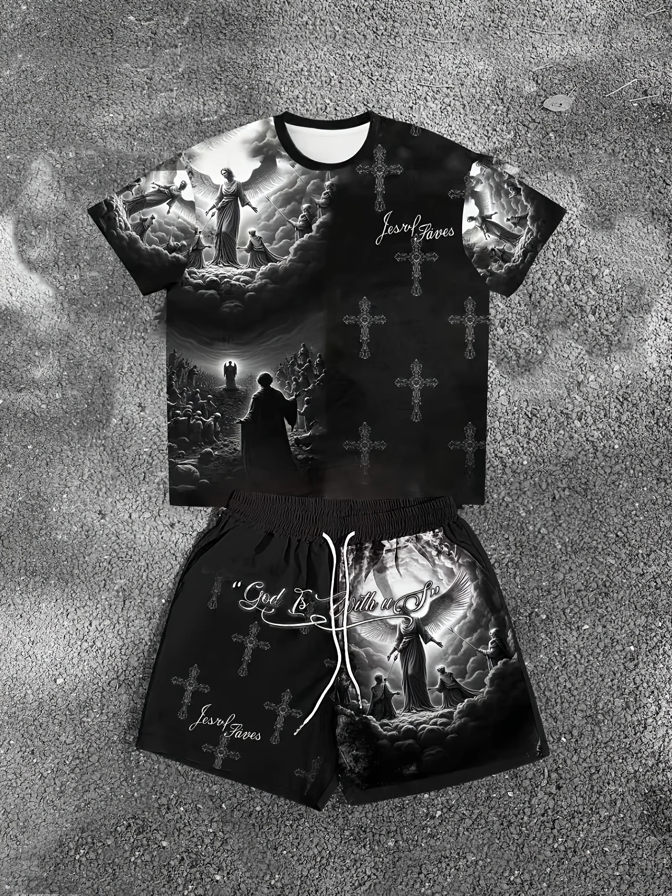Summer Men's Angel Christ Printed Comfortable Breathable Round Neck T-shirt Shorts Taochuang Outdoor Casual Fashion Clothing
Summer Men's Angel Christ Printed Comfortable Breathable Round Neck T-shirt Shorts Taochuang Outdoor Casual Fashion Clothing