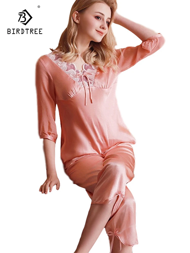 Birdtree 100%Mulberry Silk Medium Sleeved Lace Pajamas Women Spring Autumn Sexy Comfortable Home Wear Two Piece Set S30380QC
Birdtree 100%Mulberry Silk Medium Sleeved Lace Pajamas Women Spring Autumn Sexy Comfortable Home Wear Two Piece Set S30380QC
