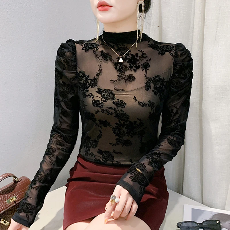 2025 Spring New Fashion Mesh Shirt Slim Fit Sexy Long Sleeve Flocking Tops Half High Collar Women Black T Shirt
2025 Spring New Fashion Mesh Shirt Slim Fit Sexy Long Sleeve Flocking Tops Half High Collar Women Black T Shirt