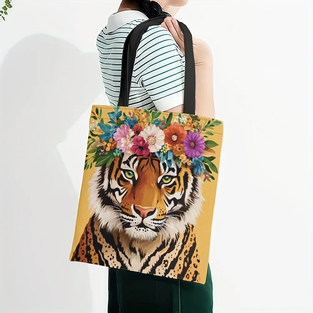 1pc Stylish Tiger Wreath Tote Bag –Vibrant Animal Print Design with Floral Accents, Durable Polyester Material For Women Handbag
1pc Stylish Tiger Wreath Tote Bag –Vibrant Animal Print Design with Floral Accents, Durable Polyester Material For Women Handbag