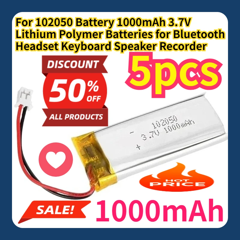 For 102050 Battery 1000mAh 3.7V Lithium Polymer Batteries for Bluetooth Headset Keyboard Speaker Recorder
For 102050 Battery 1000mAh 3.7V Lithium Polymer Batteries for Bluetooth Headset Keyboard Speaker Recorder