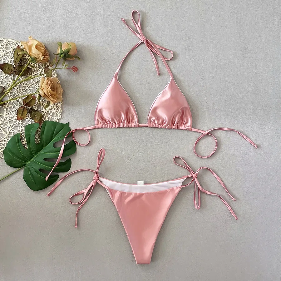 2025 New Bikini Set Women's Pink Shiny Glossy 2 Piece Swimsuit Sexy Triangle Halter Backless Thong Swimwear Beach Bathing Suit
2025 New Bikini Set Women's Pink Shiny Glossy 2 Piece Swimsuit Sexy Triangle Halter Backless Thong Swimwear Beach Bathing Suit