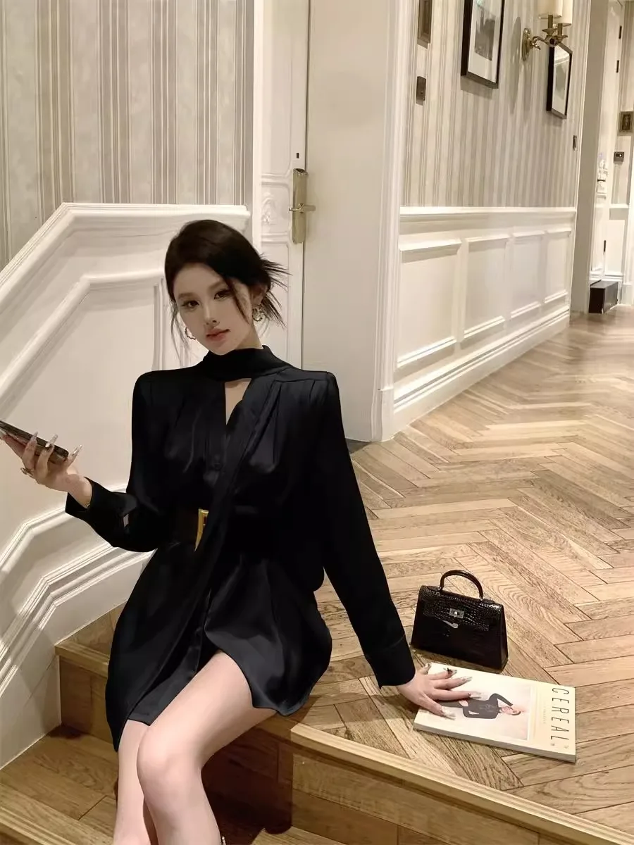 Black Satin Shirt Dress Women's Autumn High-End Long Sleeve A-Line Short Skirt Waist-Cinching Elegant Lady Style Fashion Set
Black Satin Shirt Dress Women's Autumn High-End Long Sleeve A-Line Short Skirt Waist-Cinching Elegant Lady Style Fashion Set