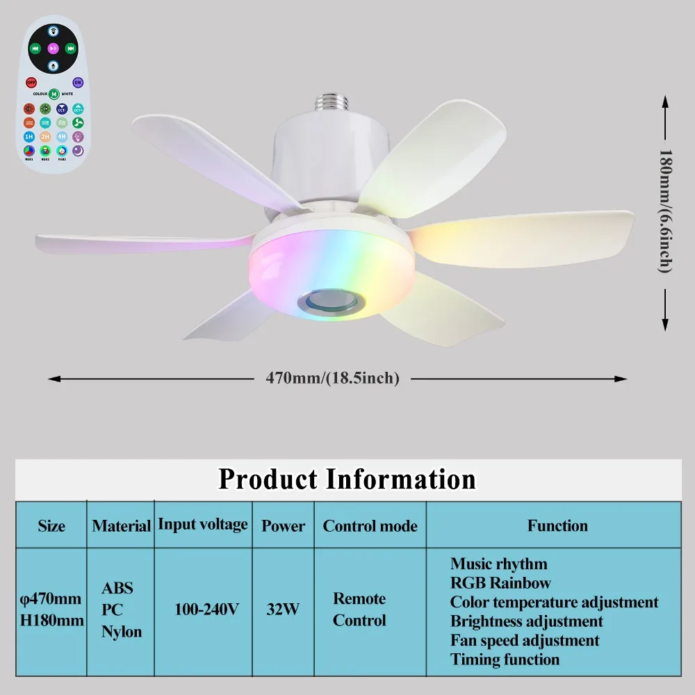2 in 1 RGB Ceiling Fan Light Remote Control Timing Function Electric Cordless Fan with Bluetooth Music Eye Protection
2 in 1 RGB Ceiling Fan Light Remote Control Timing Function Electric Cordless Fan with Bluetooth Music Eye Protection